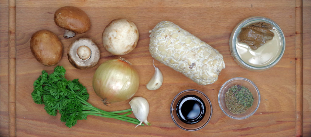 Picture of all ingredients for Tempeh with mushrooms