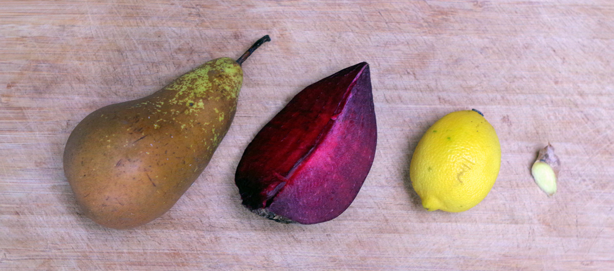 Picture of a pear, beet root, lemon and ginger