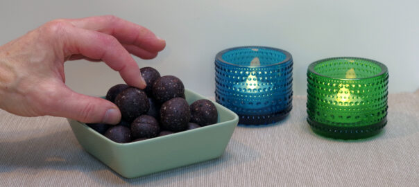 Picture of a square bowl with nut balls