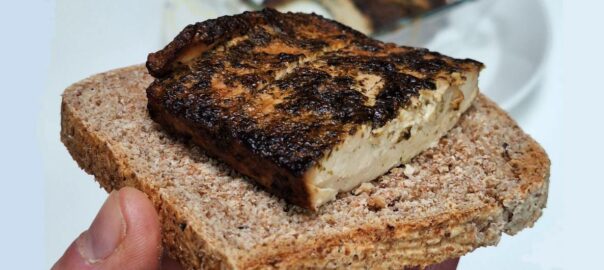 A slice of fried marinated tofu on toast