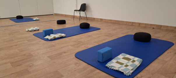 Picture of a yoga room with accessories in cold colour tones
